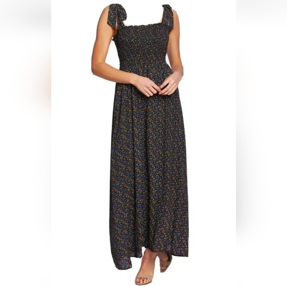 CeCe Ditsy Smocked Bodice Dress Shoulder Ties Maxi Floral Fit & Flare Sz M